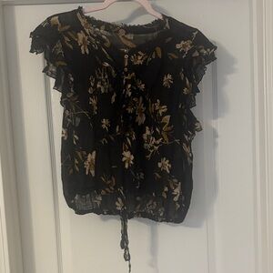 Black Floral Ruffle Sleeve Tie-Hem Top